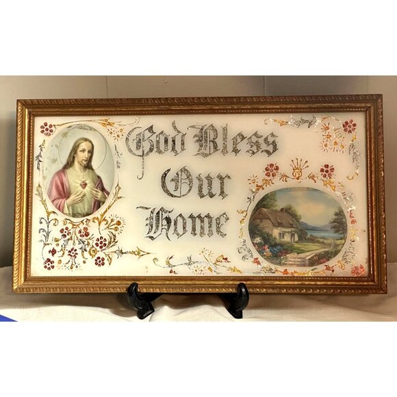 Reverse Foil Art Glass Framed Religious Bless Our House Sacred Heart of Jesus - Picture 3 of 12